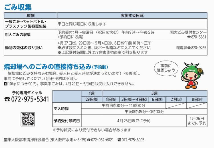 大東市 いよいよ大型gw 10連休の間のゴミは 役所業務は 緊急の病気対応は 号外net 大東 四條畷